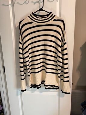 Lucky Brand Black and Cream Striped Turtleneck Sweater